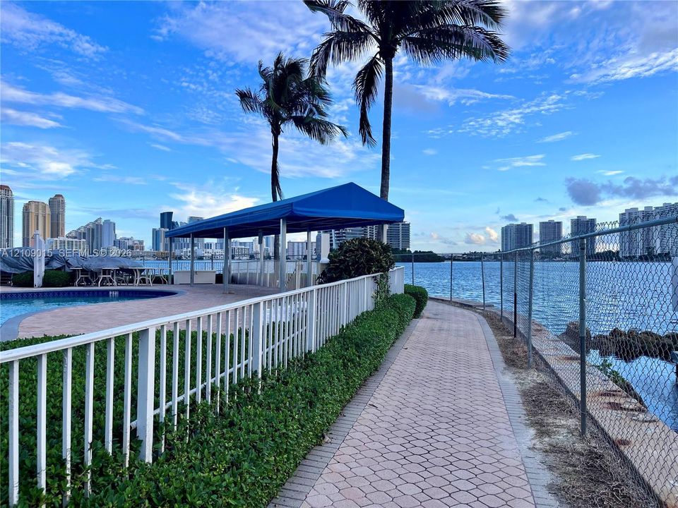 Waterfront paver walkway featuring metal perimeter fencing, mature palm trees, a poolside canopy structure, and proximity to the canal