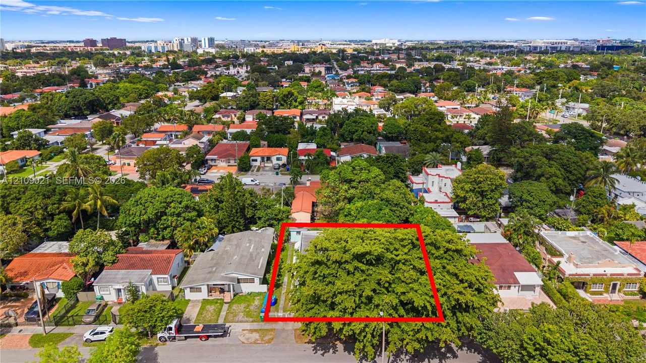 Aerial view of a residential lot defined by a mature canopy of trees