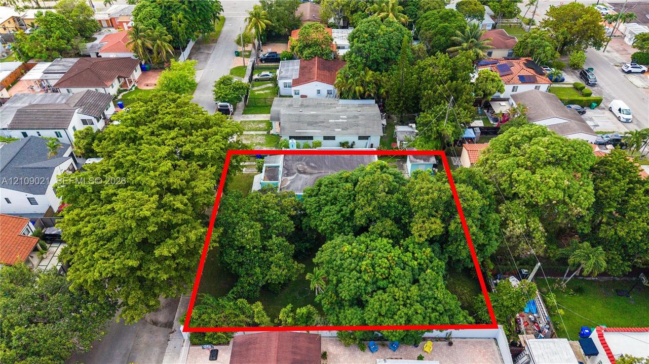 Aerial perspective of property lot featuring mature trees, established landscaping, and paved surface area