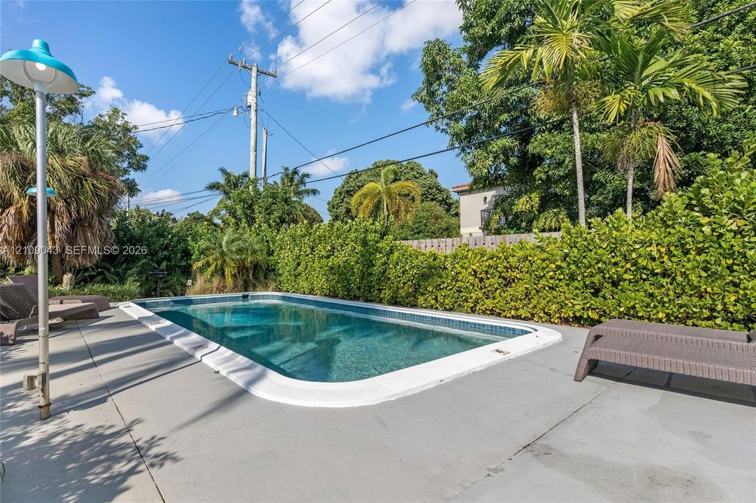 In-ground pool featuring a concrete deck, tiled waterline, and privacy-providing perimeter hedges