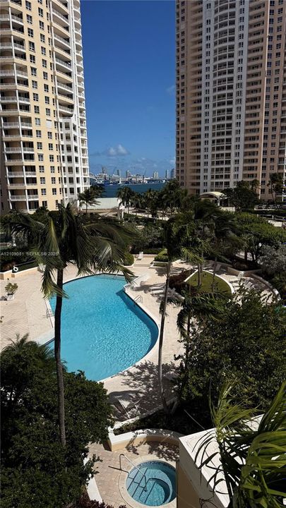 Outdoor swimming pool and spa surrounded by stone decking, palm trees, and mature landscaping
