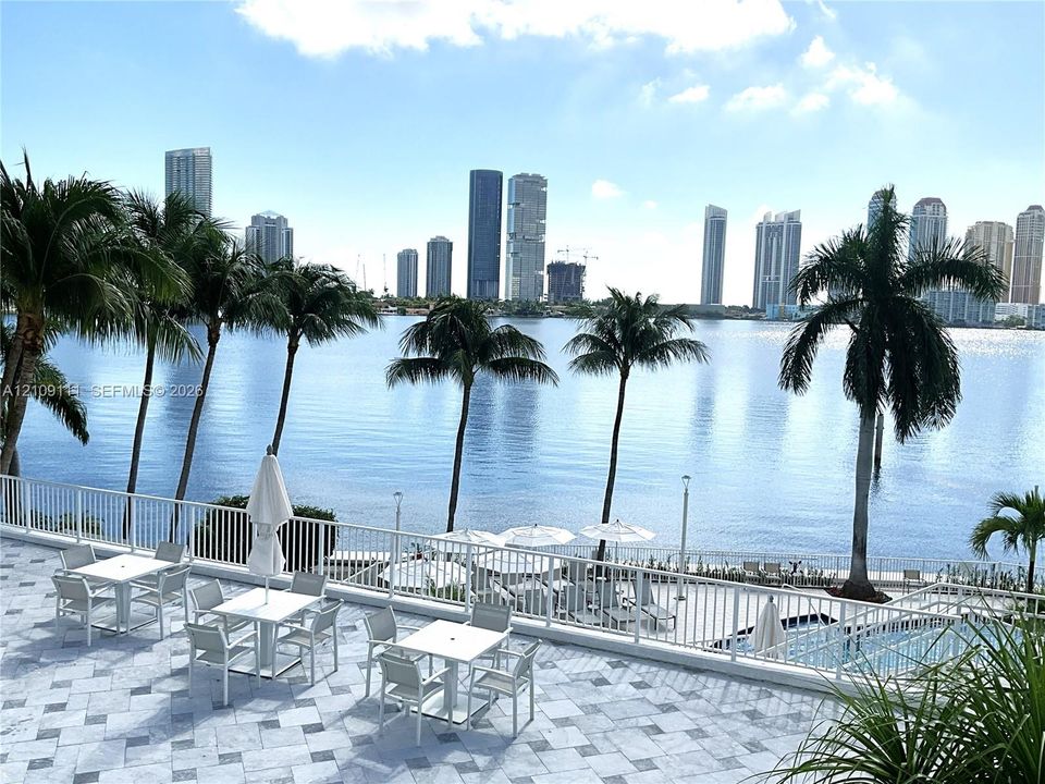 Expansive stone-paved terrace featuring metal railings, an integrated swimming pool, and mature palm trees with a backdrop of waterfront and city skyline