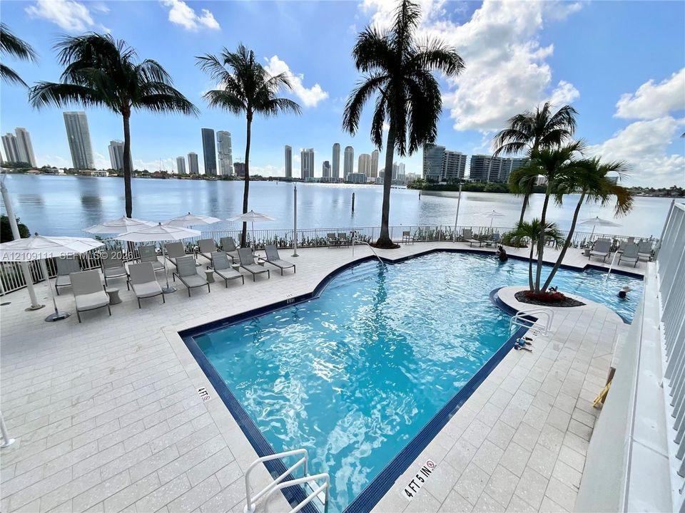 In-ground swimming pool with stone-tile decking, metal safety railing, and surrounding palm trees