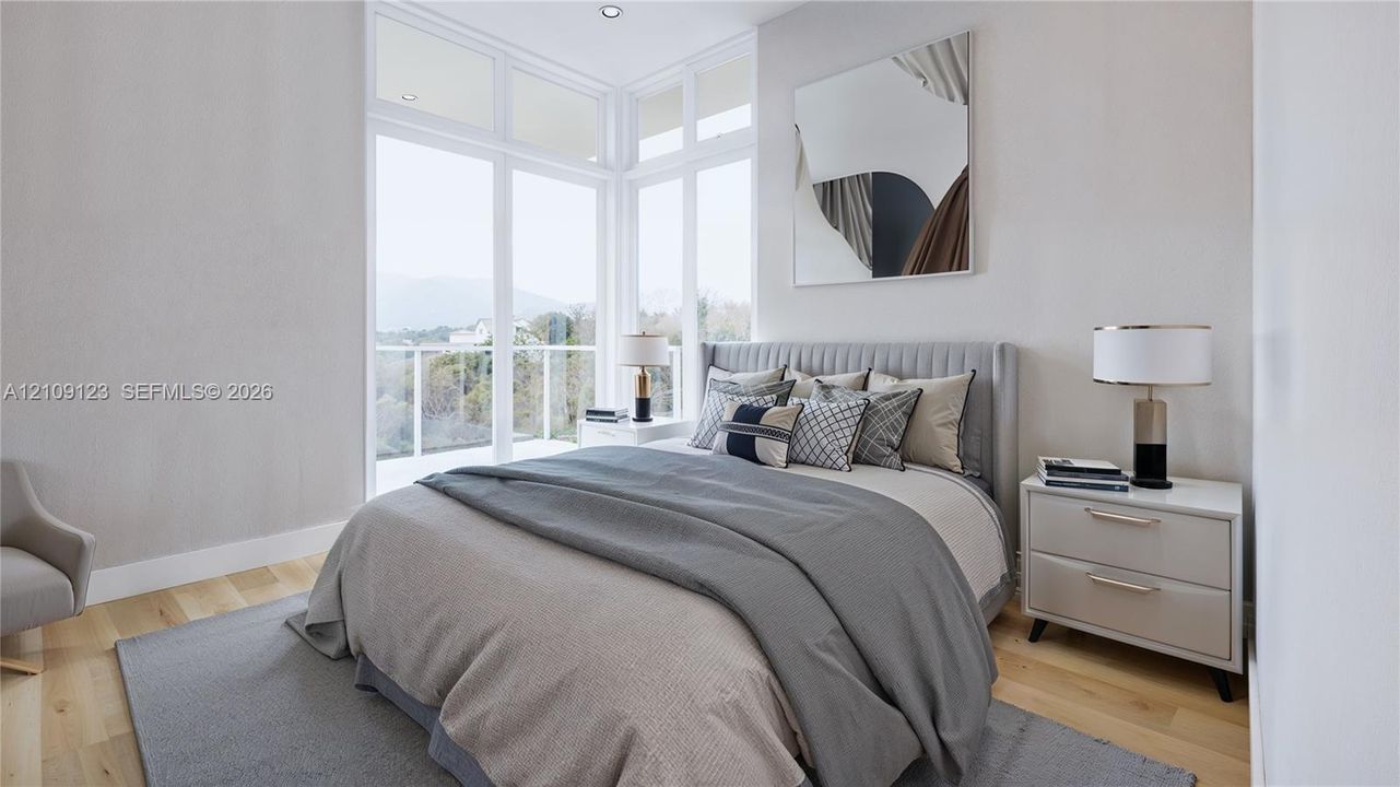 Floor-to-ceiling corner windows, wood-finish flooring, and recessed ceiling lighting