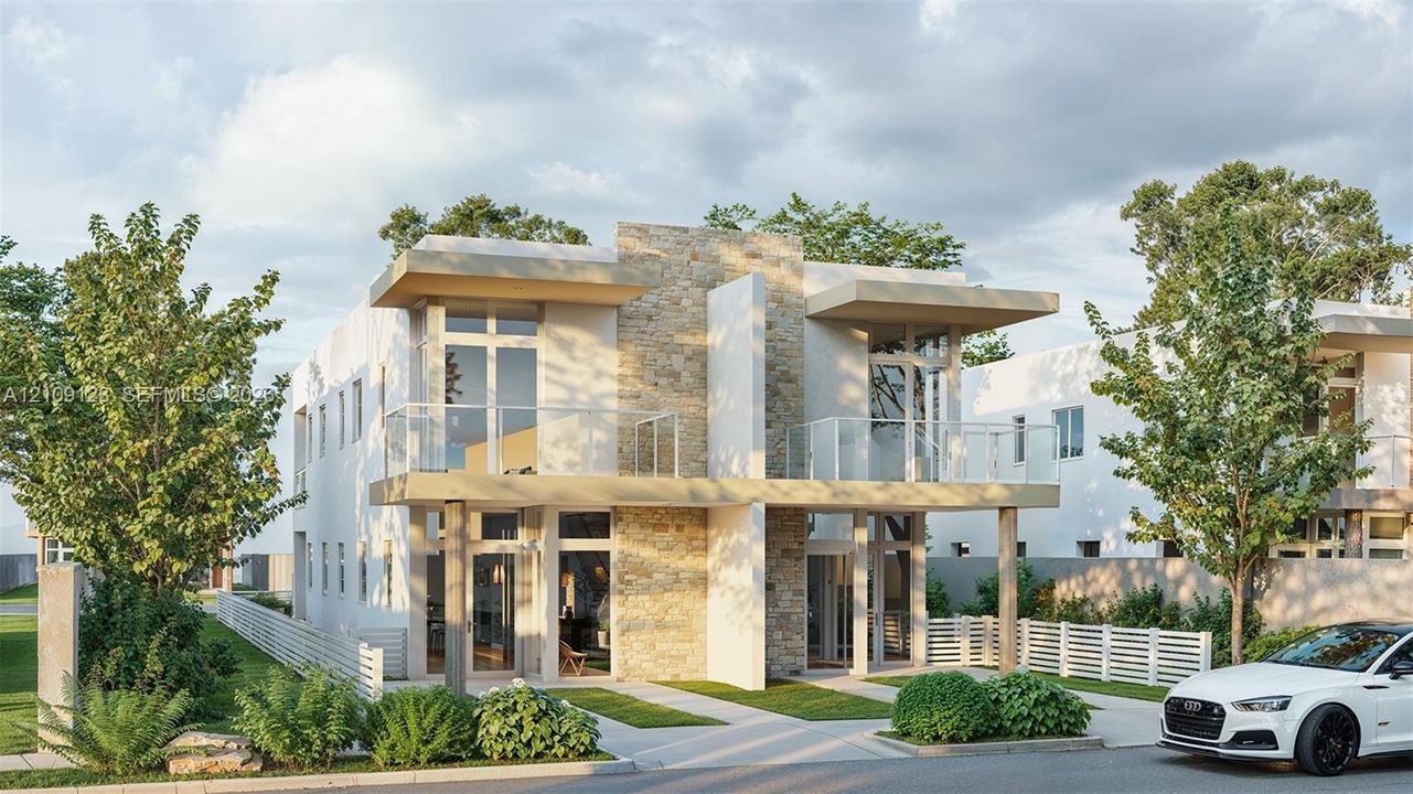 Contemporary exterior featuring light-toned smooth stucco, a natural stone masonry façade, dual upper-level balconies with glass railings, and expansive floor-to-ceiling windows