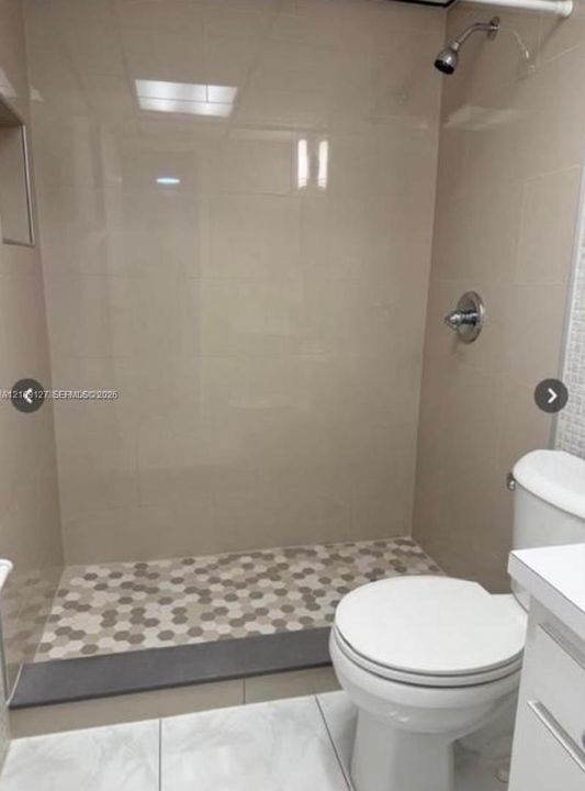 Walk-in shower featuring large-format wall tile, hexagonal floor tiling, and chrome fixture hardware, paired with a white porcelain toilet and vanity cabinet