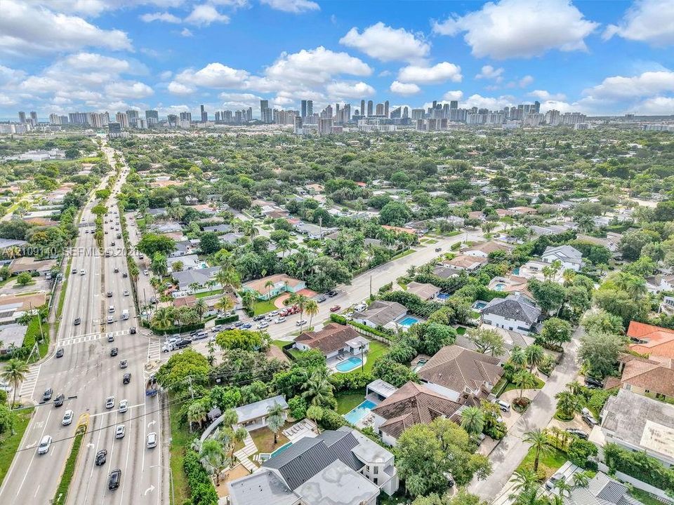 Aerial perspective featuring a metropolitan skyline backdrop and established residential canopy