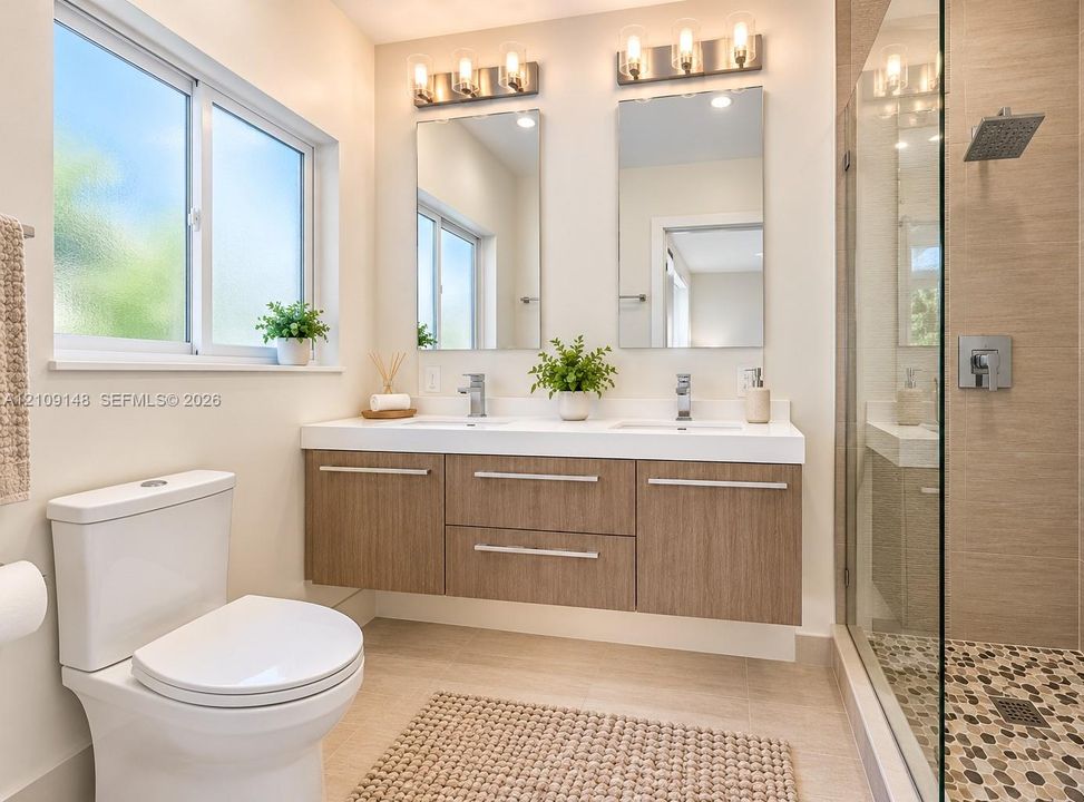 Floating dual-sink vanity with wood-finish cabinetry, quartz countertop, glass-enclosed shower with pebble tile flooring, and wall-mounted light fixtures