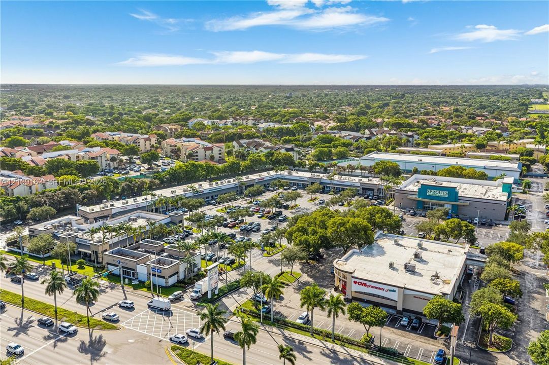 Commercial shopping center featuring multiple storefronts, an integrated parking lot, palm tree landscaping, and prominent street frontage