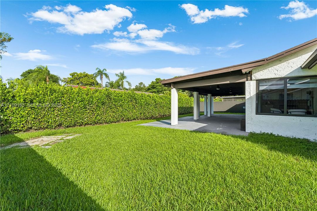 Rear yard featuring a manicured lawn, paved covered patio, stucco exterior finish, and dense perimeter hedging