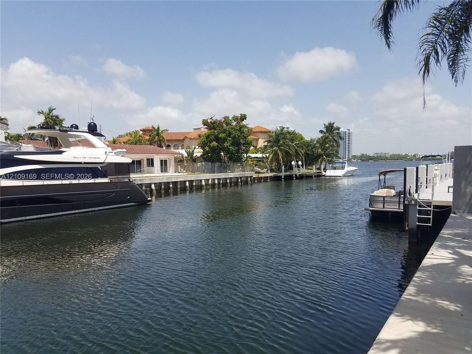 Waterfront canal frontage featuring a concrete dock, seawall, and mature tropical landscaping