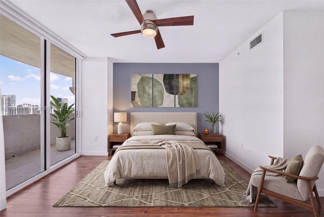 Floor-to-ceiling glass sliding doors, wood-finish flooring, accent wall, and ceiling fan with integrated lighting