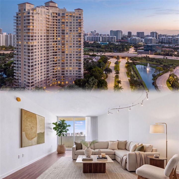 High-rise building featuring balconies and expansive glass sliding doors, complemented by interior wood-finish flooring and track lighting