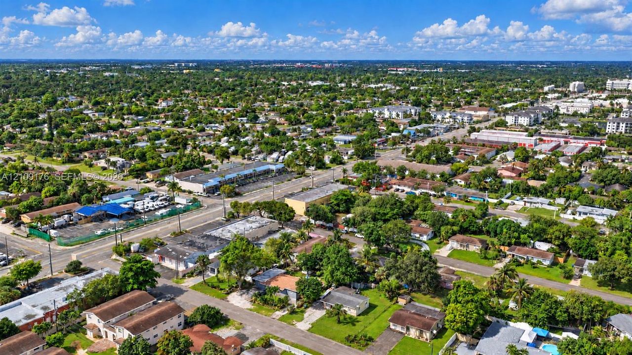 Aerial perspective featuring dense mature tree canopy, established residential infrastructure, and paved street grid