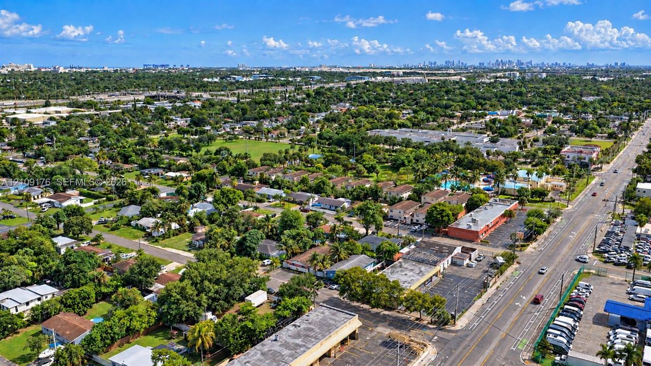 Aerial perspective of a suburban landscape featuring mature canopy trees, residential dwellings, paved roadways, and a distant metropolitan skyline