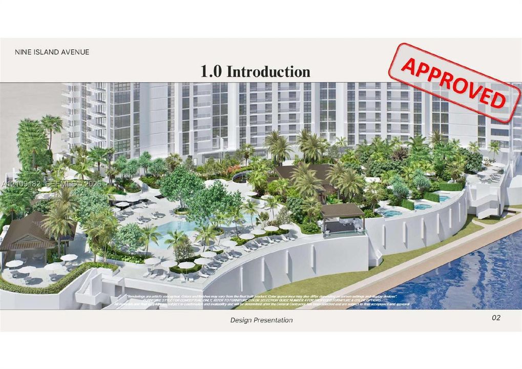 Waterfront pool deck featuring an expansive sun terrace, multiple water features, manicured landscaping with mature palms, and covered pavilion structures