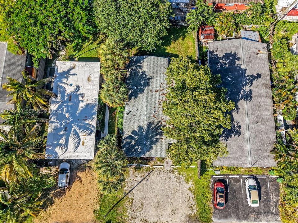 Aerial view of three structures featuring pitched shingle roofing, mature palm trees, and an asphalt parking area