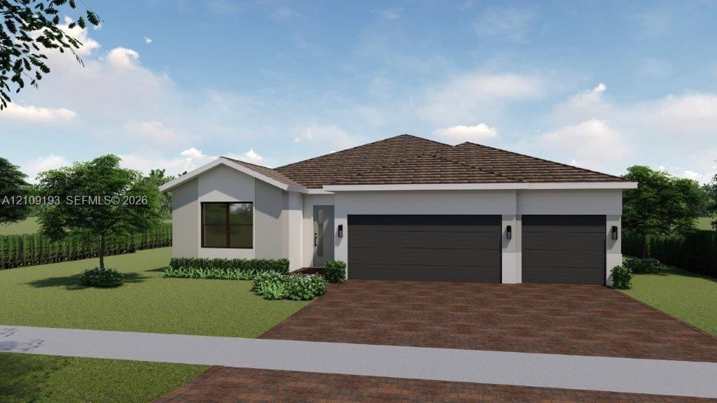 Single-story exterior featuring a light-toned stucco facade, a dark-toned multi-car garage, a hip roof with dark shingles, and a paved driveway