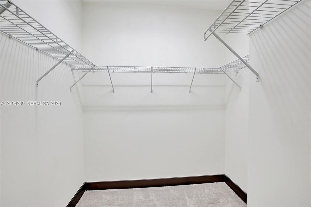 Walk-in closet featuring tiered wire shelving and neutral carpeting