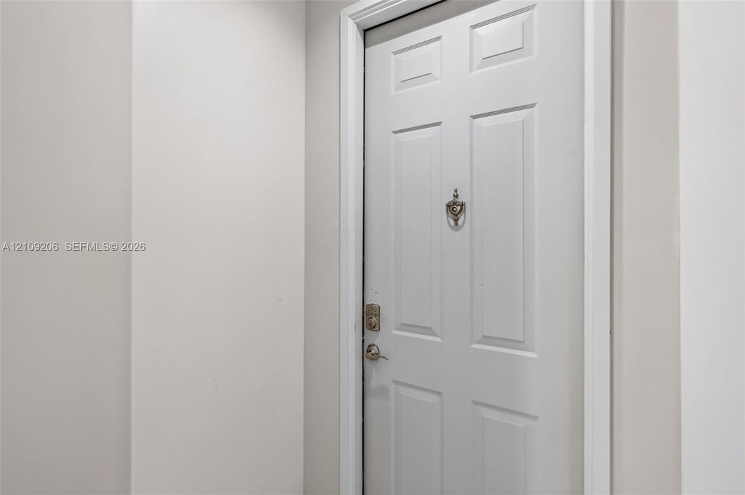 Six-panel interior door featuring a metallic knocker, deadbolt lock, and matching lever handle