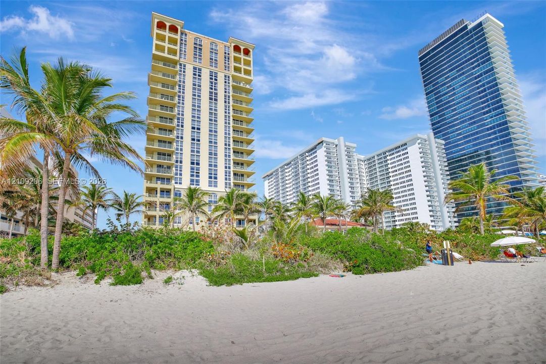 High-rise building featuring private balconies, expansive sand beach access, and mature palm landscaping