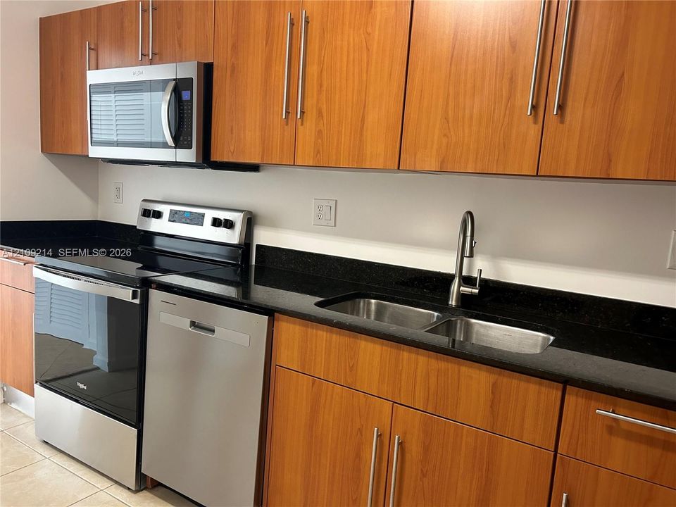 Kitchen featuring Euro  Style cabinetry, stainless steel appliances, granite countertops