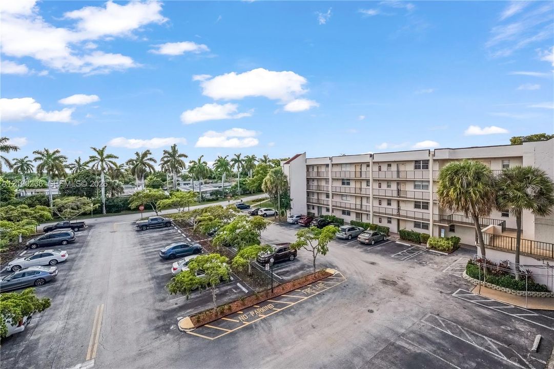 Multi-story exterior featuring a paved parking area, mature palm trees, and landscaped islands
