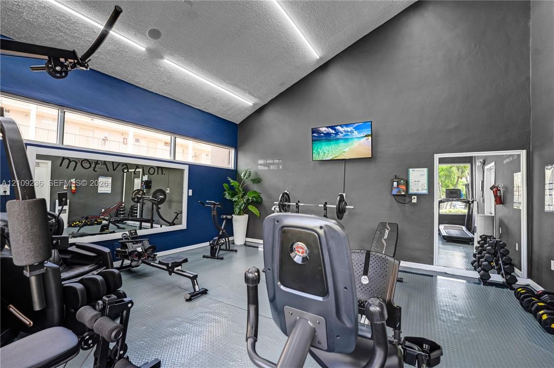 Vaulted ceiling featuring linear LED lighting, high-reaching clerestory windows, wall-mounted mirrors, and durable textured flooring