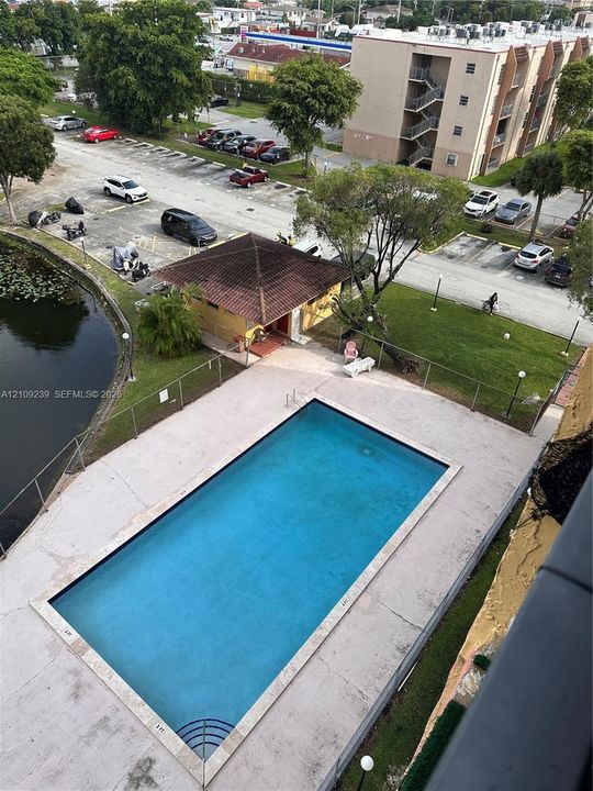 In-ground swimming pool with a concrete deck, manicured green space, and pond-side location