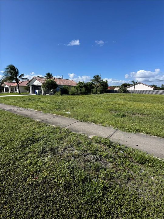 Vacant residential lot featuring concrete sidewalk frontage and established palm trees