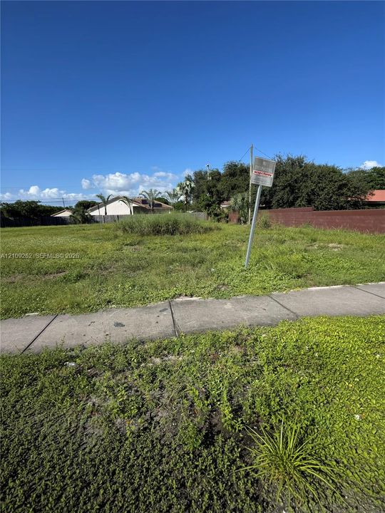 Open land parcel featuring a grass-covered surface, concrete sidewalk access, and mature perimeter trees