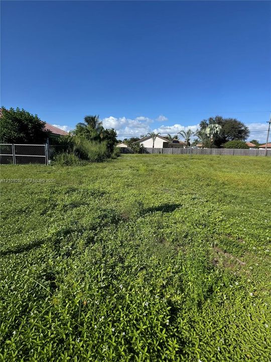 Open parcel of land featuring chain-link perimeter fencing and mature tropical foliage