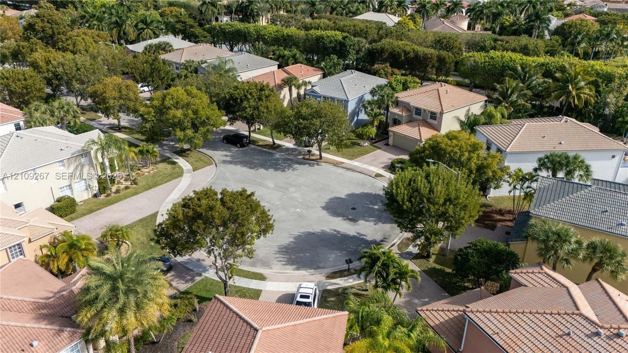 Aerial perspective of a residential cul-de-sac featuring paved streets, sidewalk infrastructure, mature canopy trees, and established landscaping