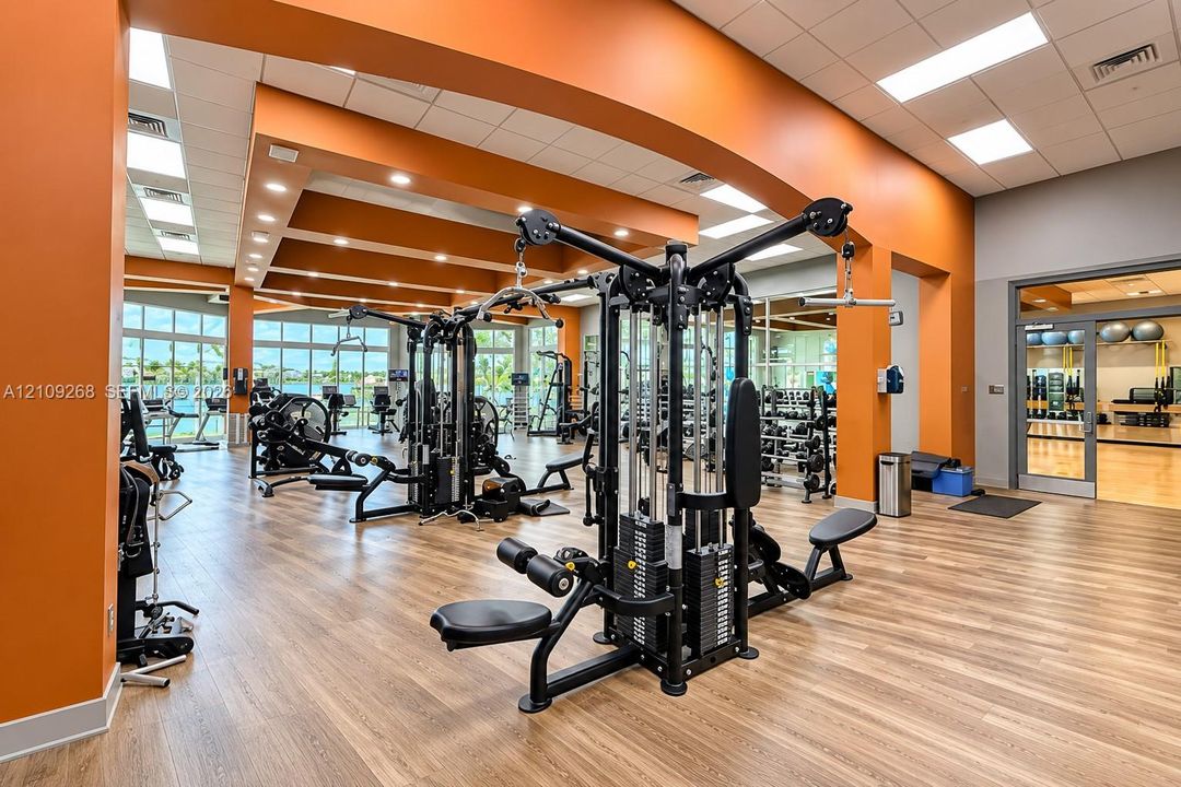 Fitness area featuring wood-finish flooring, recessed lighting, drop ceiling architectural accents, and full-height windows