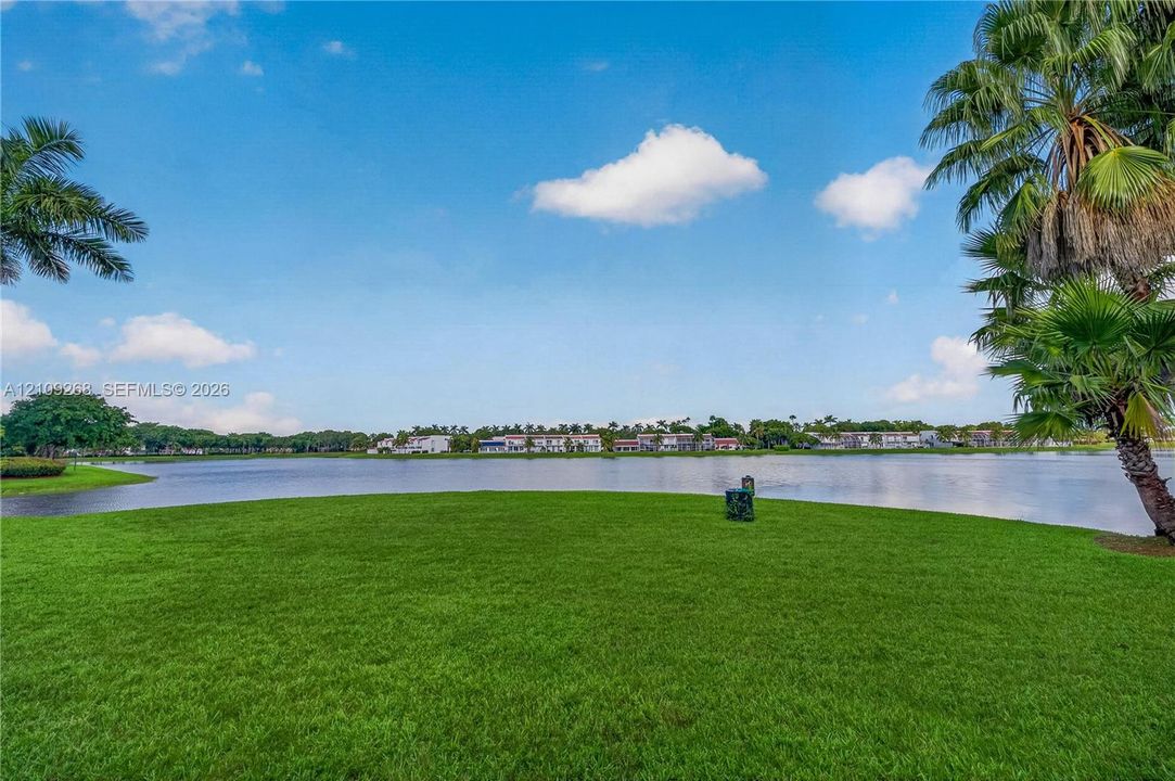 Expansive lawn featuring mature palm trees and direct waterfront frontage