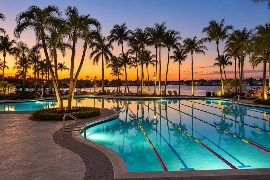 Swimming pool featuring lap lanes, a concrete deck, and palm tree landscaping overlooking the water