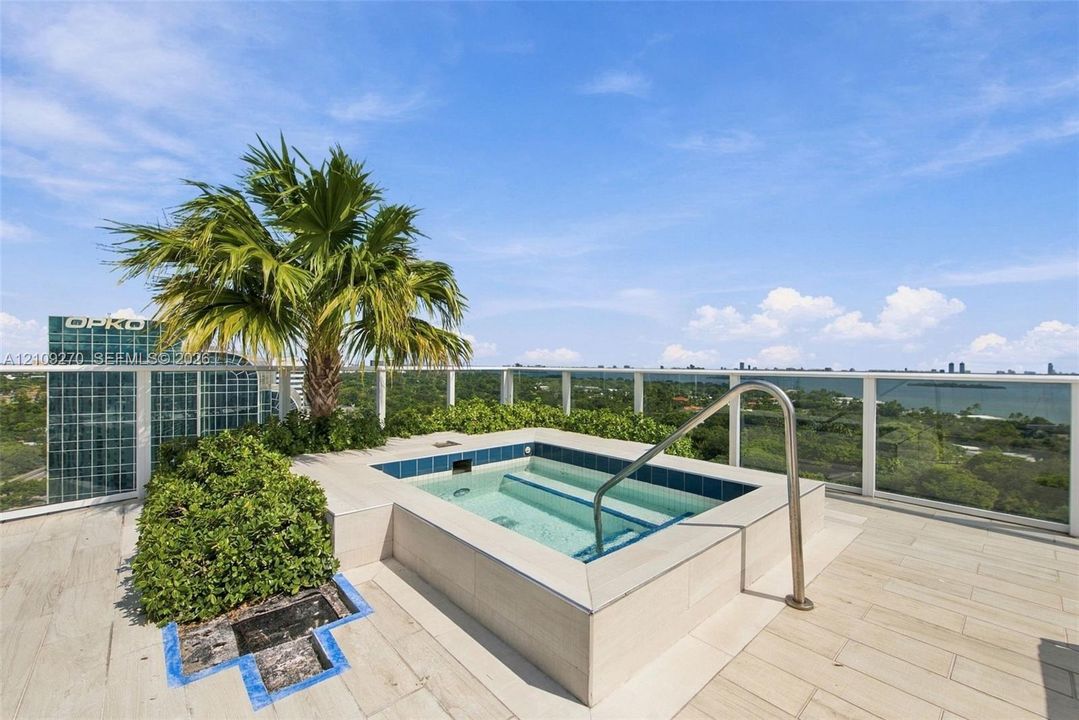 Rooftop terrace featuring an elevated spa with tile surround, glass panel railing, and integrated landscaping