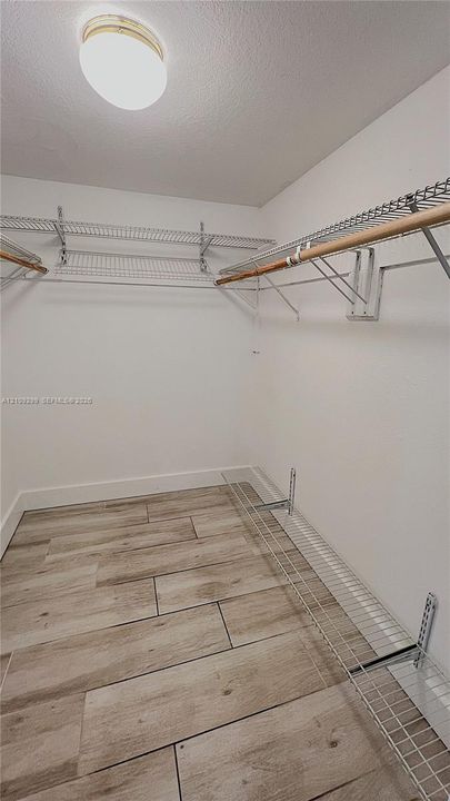 Walk-in closet featuring wood-finish tile flooring, multi-level wire shelving, integrated hanging rods, and a ceiling-mounted light fixture