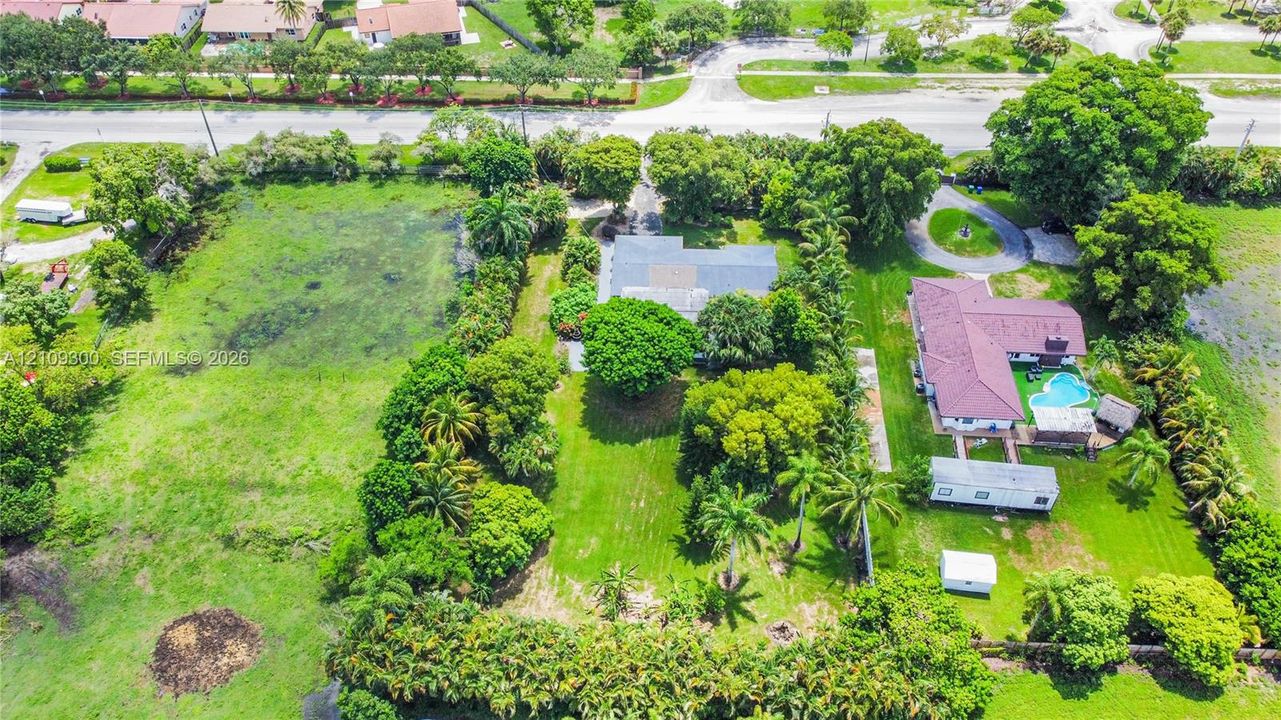 Aerial perspective of a sprawling lot featuring expansive grass acreage, dense mature trees, palm landscaping, and a circular driveway