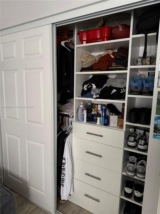 Closet featuring sliding six-panel doors, integrated white shelving, built-in drawer stack with metallic pulls, and dedicated vertical shoe storage
