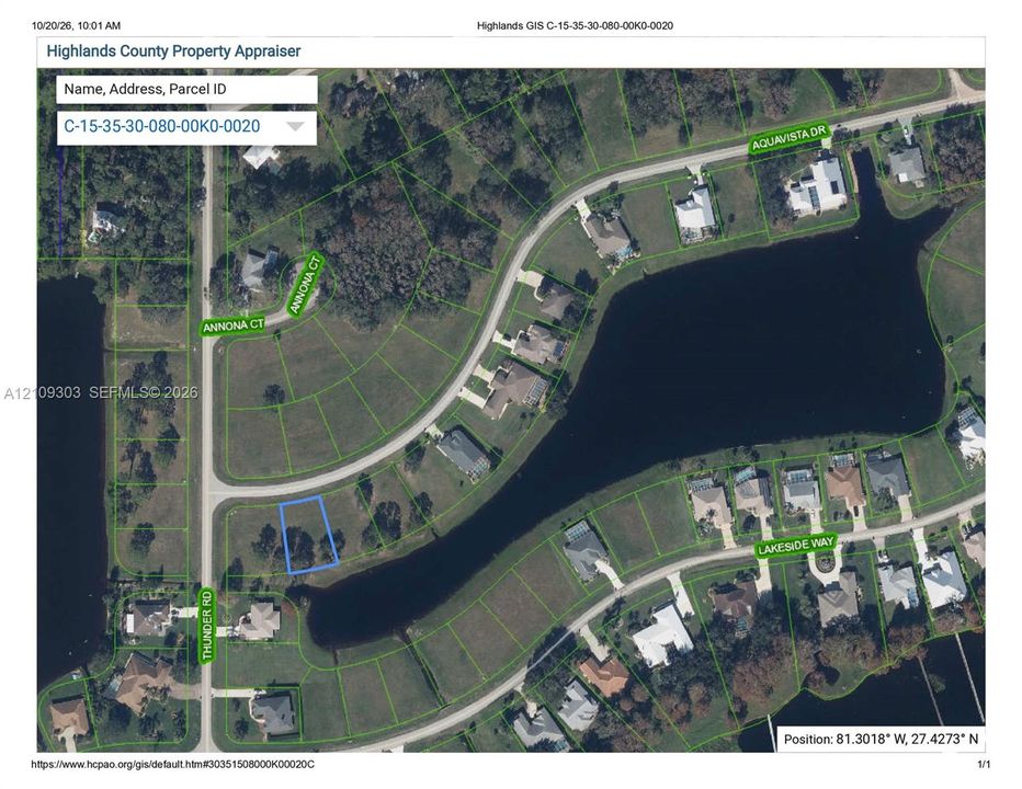 Highlands County Property Appraiser GIS Map. Depicting boundary lines and site-specific parcel data for the property