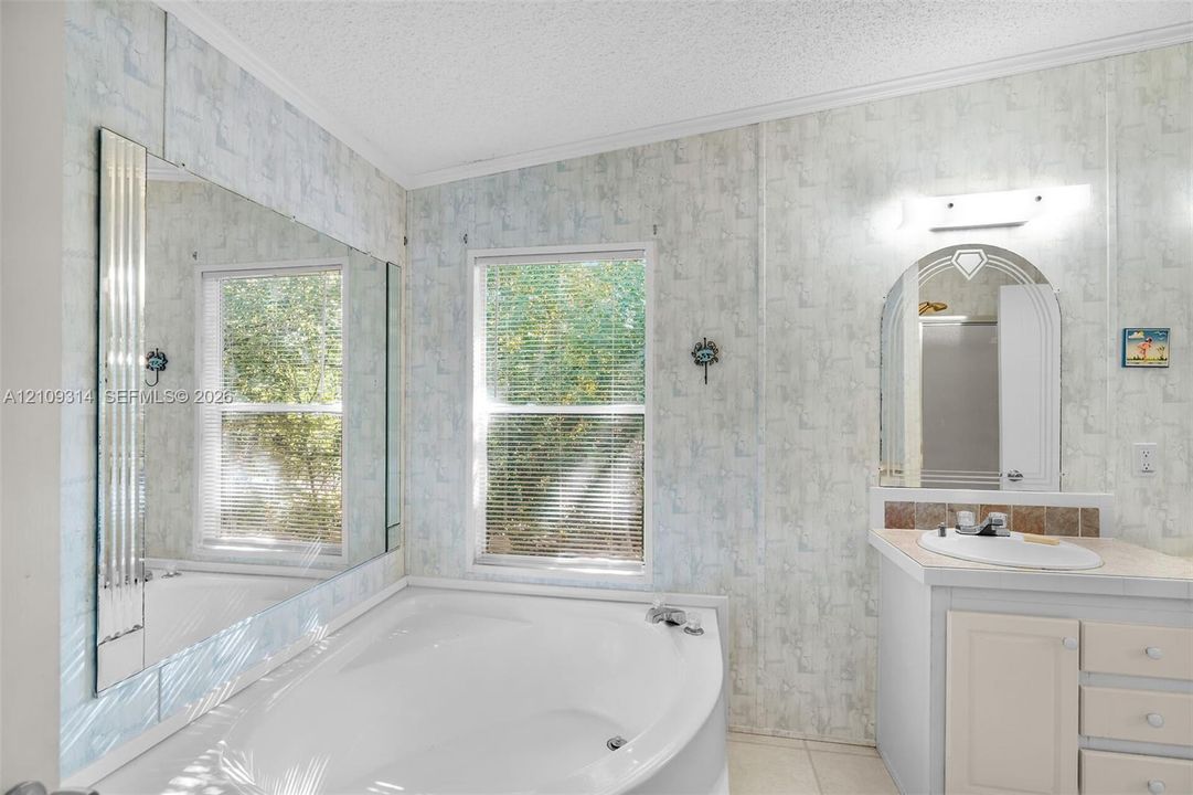 Bathroom featuring a corner soaking tub, expansive wall-mounted mirror, vanity with an integrated basin, arched mirror detail, and dual windows