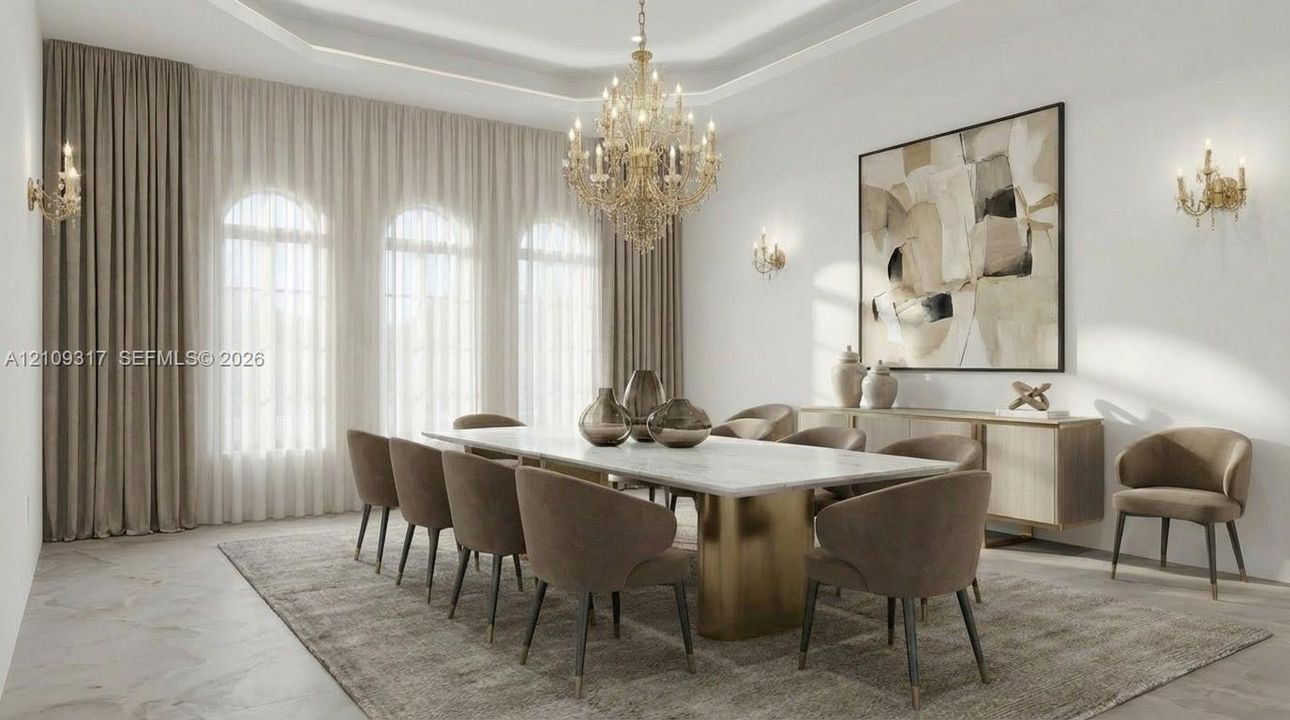 Arched windows with floor-to-ceiling drapery, tiered tray ceiling, ornate crystal chandelier, and wall-mounted sconces
