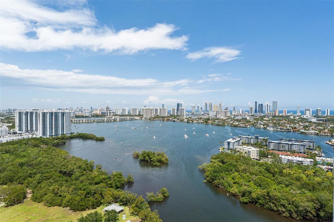 Panoramic skyline, waterfront, and greenery expanse