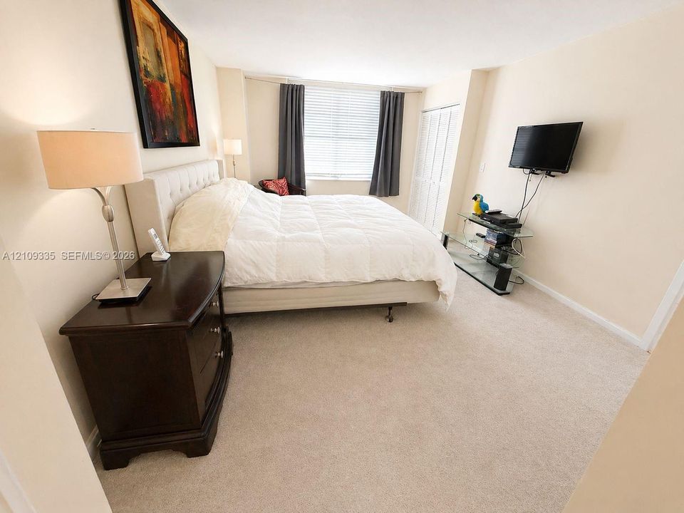 Neutral carpeting, multi-panel closet doors, and a window with horizontal blinds