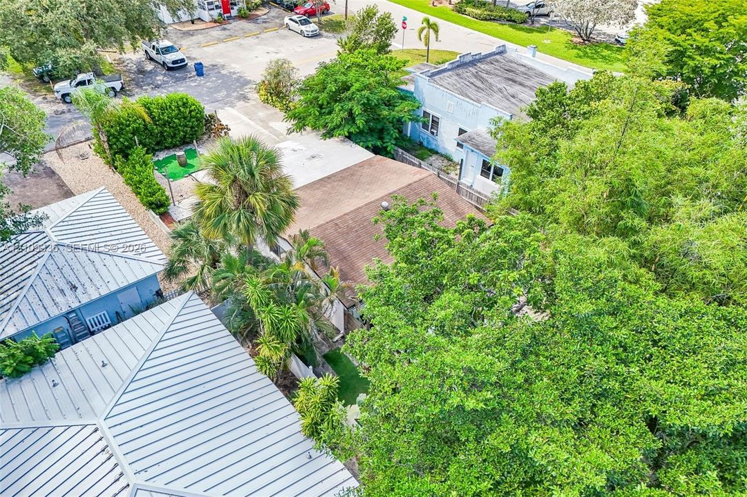 Aerial view of the property featuring a metal roofing system, shingle-roof structure, mature trees, palm landscaping, and synthetic grass ground cover