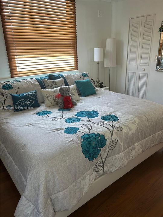 Wood-finish flooring, horizontal window blinds, and louvered closet doors