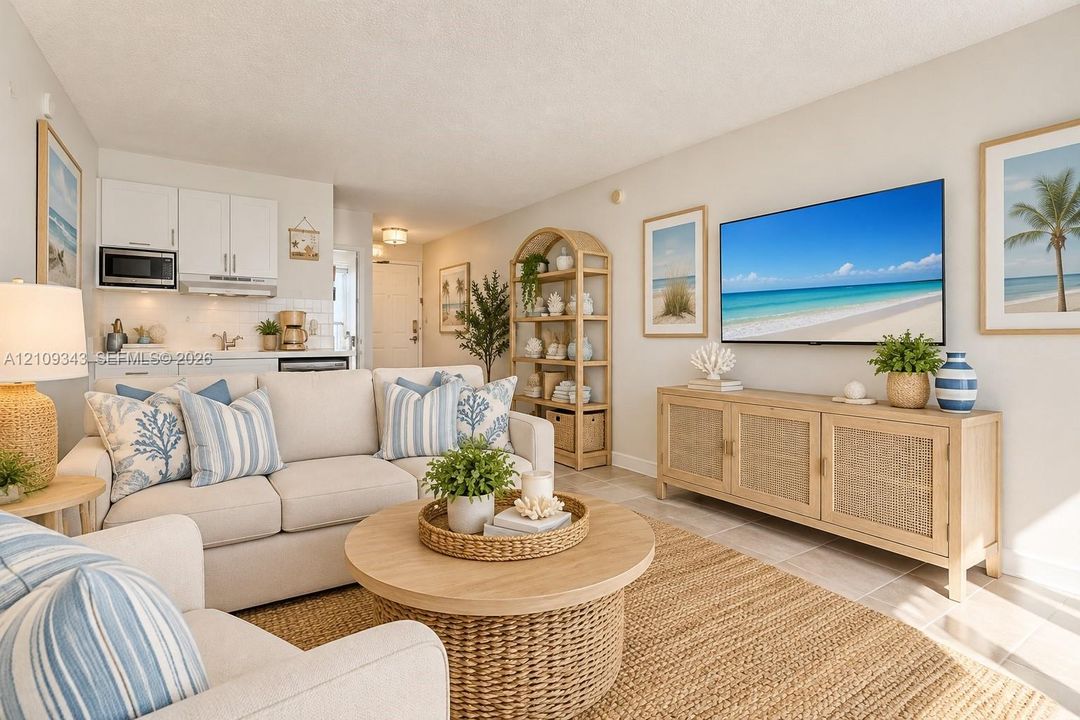 Open-concept interior featuring white cabinetry, integrated microwave, tile flooring, and neutral paint palette