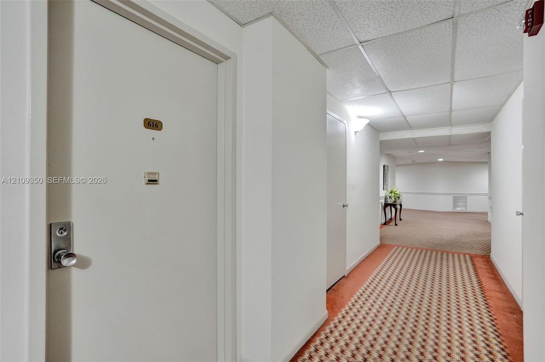 Hallway featuring patterned wall-to-wall carpeting, white interior doors, and a drop ceiling with integrated lighting
