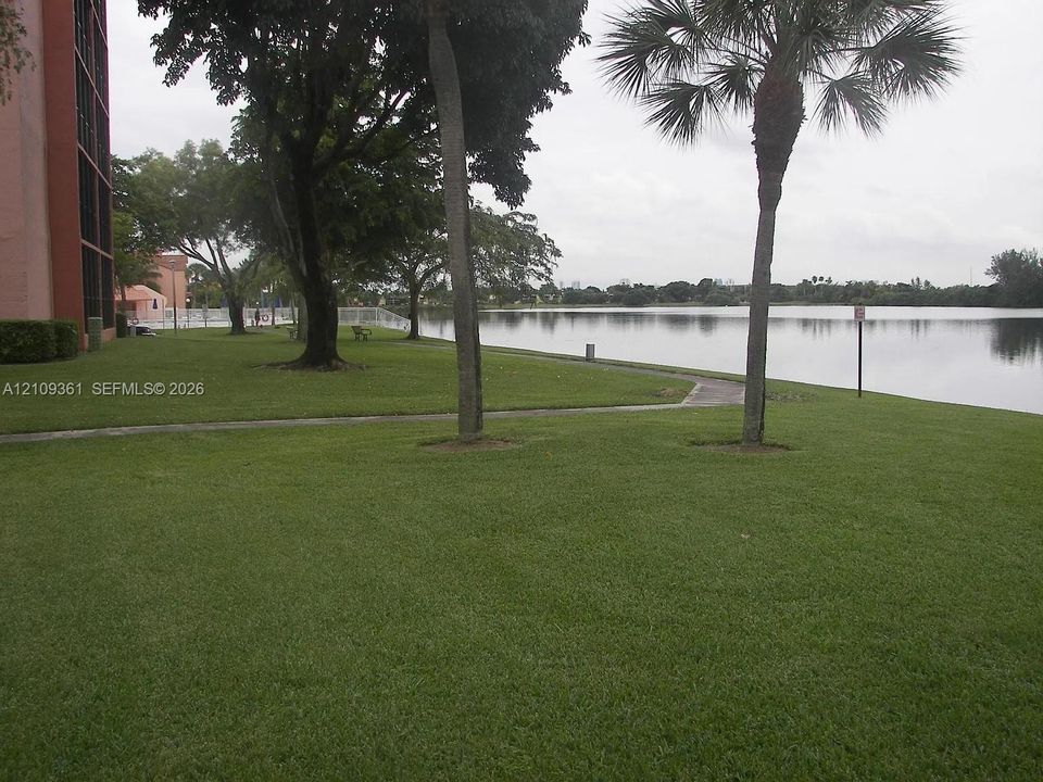 Waterfront grounds featuring mature trees, palm trees, expansive lawn space, and concrete walkways